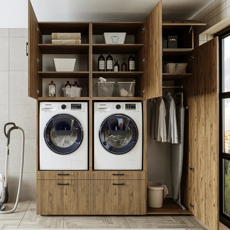 Roomart Waschmaschinenschrank SERIE 2, Doppelschrank mit Ausziehbrettern und Hochschrank, in 3 Farben