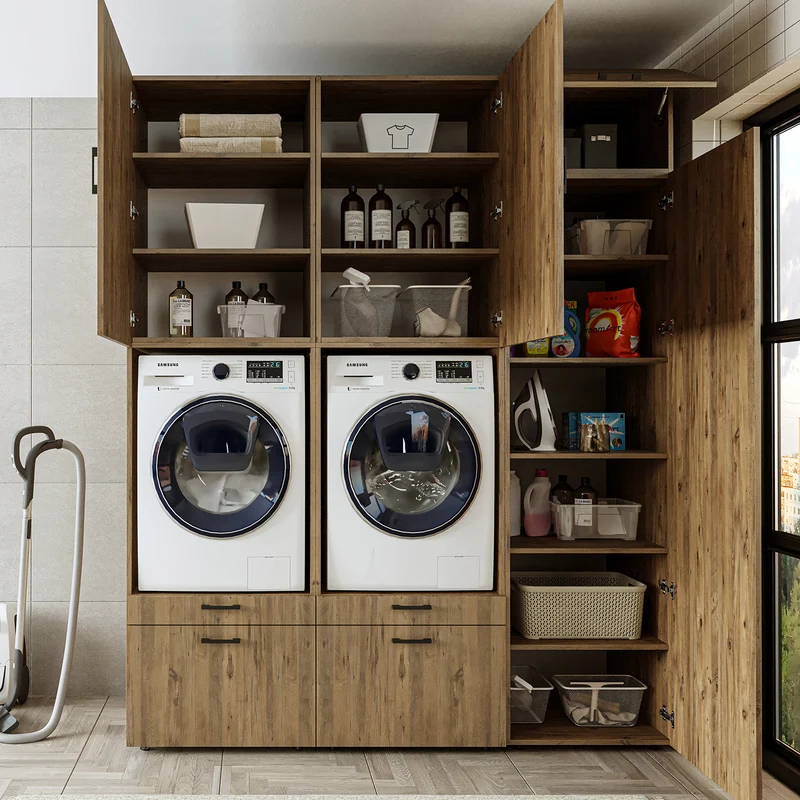 Roomart Waschmaschinenschrank SERIE 2, Doppelschrank mit Ausziehbrettern und Hochschrank, in 3 Farben