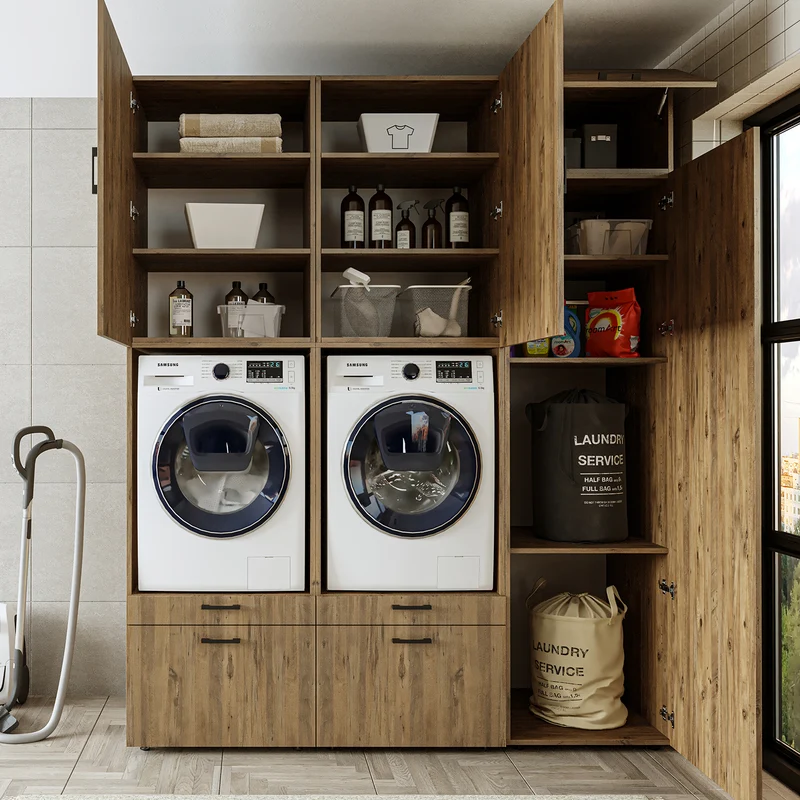 Roomart Waschmaschinenschrank SERIE 2, Doppelschrank mit Ausziehbrettern und Hochschrank, in 3 Farben