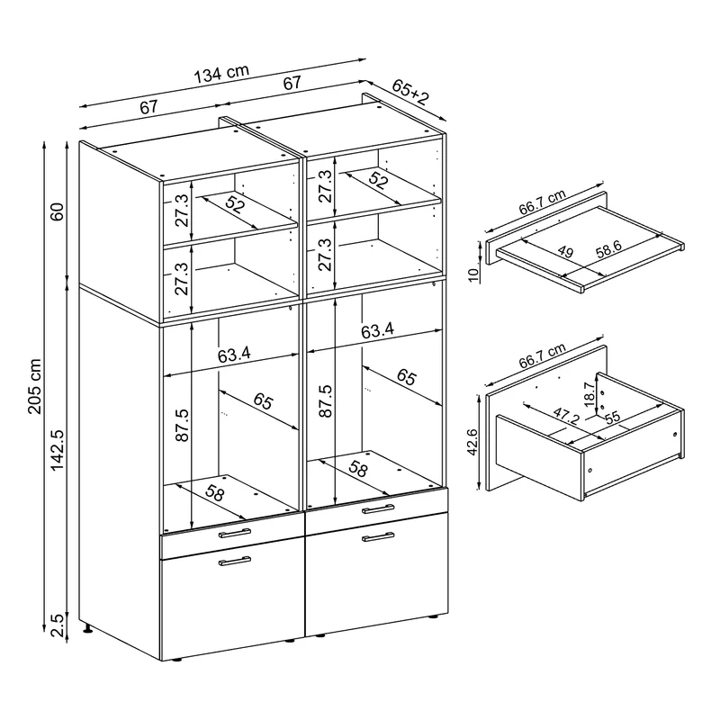 Roomart Waschmaschinenschrank SERIE 2, 134 cm, Doppelschrank mit Ausziehbrettern, in 3 Farben