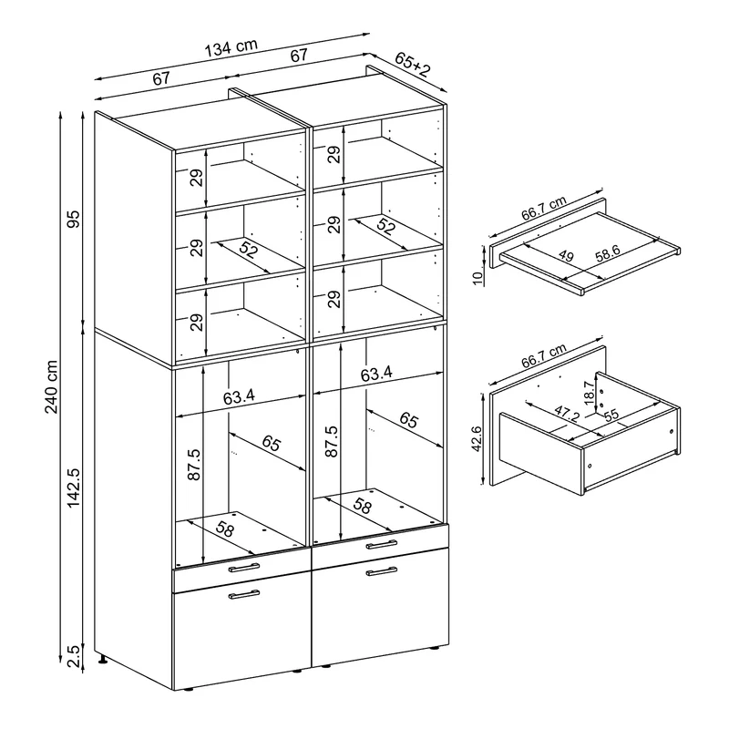 Roomart Waschmaschinenschrank SERIE 2, 134 cm, Doppelschrank mit Ausziehbrettern, in 3 Farben