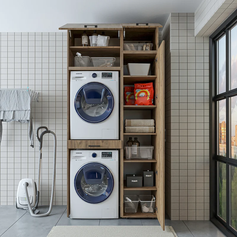 Roomart Waschmaschinenschrank DUO-I, 112 cm, mit Hochschrank und Ausziehbrett, in 3 Farben