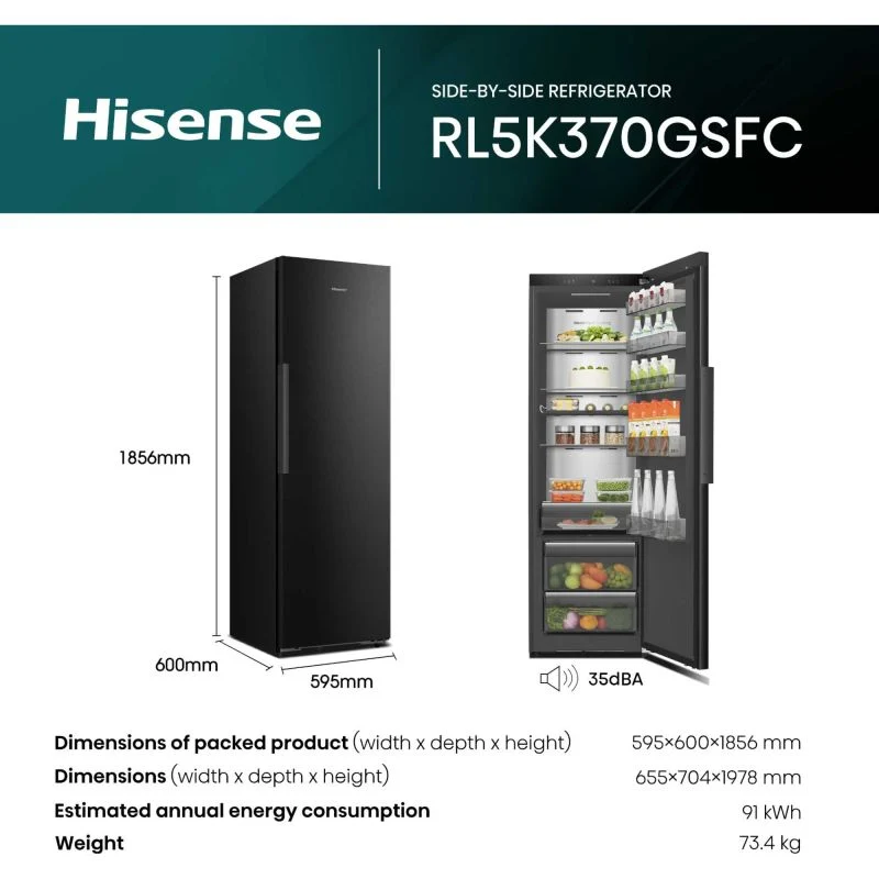 Hisense Hi5 Tall Larder Fridge Auto Defrost- Black Glass - RL5K370GSFC
