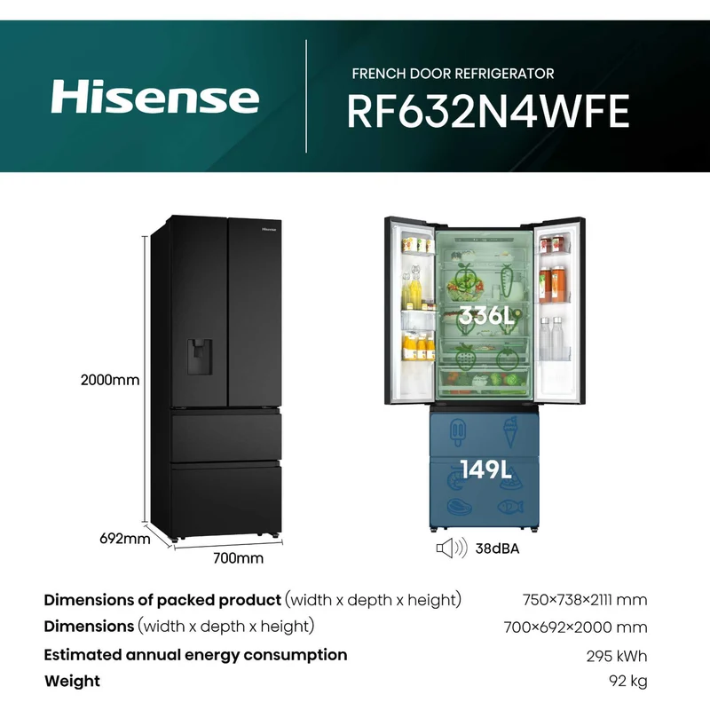 Hisense American Style Fridge Freezer 60/40 Total No Frost - Black - RF632N4WFE