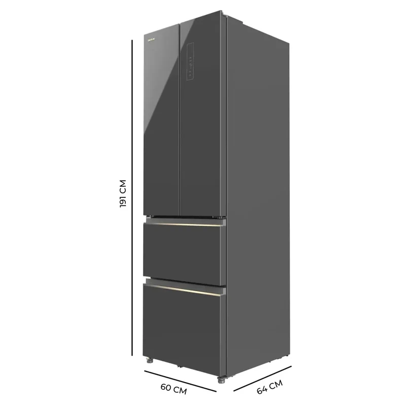 Frigorífico French Door 4 Puertas, 400L, NoFrost, Cristal Gris, Eficiencia E de Cecotec