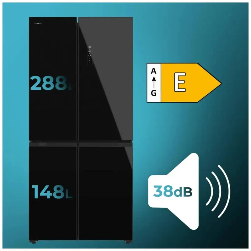Frigorífico 4 Puertas Negro, 436L, Inverter Plus, No Frost, Eficiencia Energética E de Cecotec