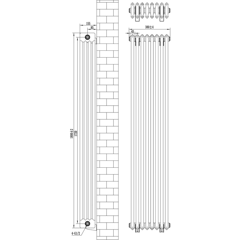 Radiador Tradicional de 4 Columnas y Válvulas – 1800 x 380 mm – Gris Antracita