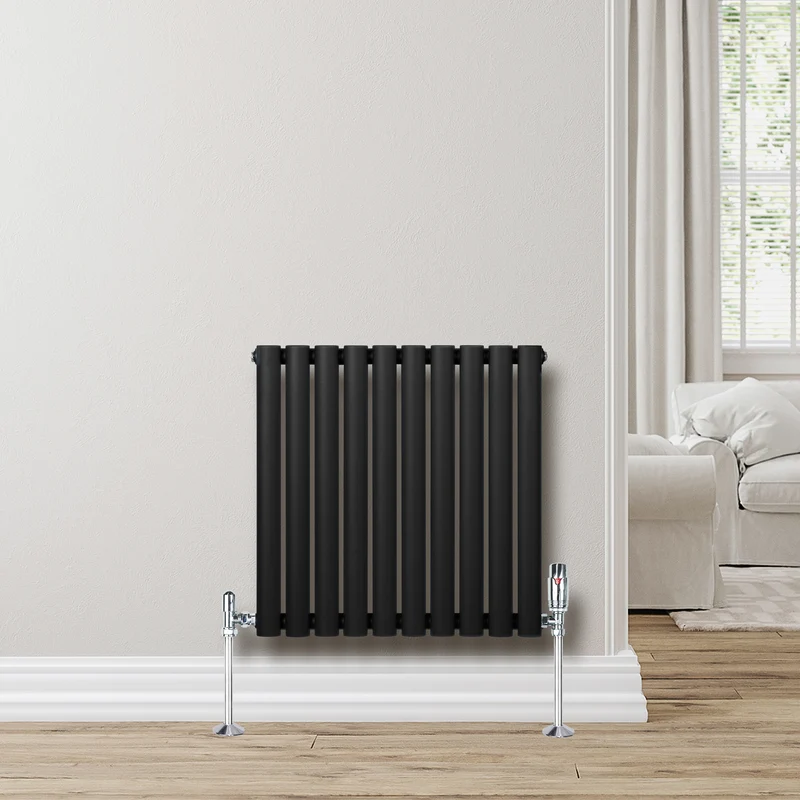 Radiador de Columna Simple Ovalado y Válvulas – 600 mm x 600 mm – Negro