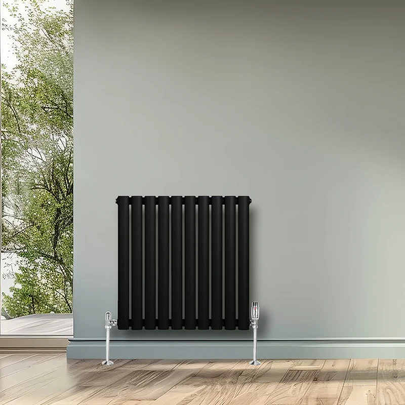 Radiador de Columna Simple Ovalado y Válvulas – 600 mm x 600 mm – Negro