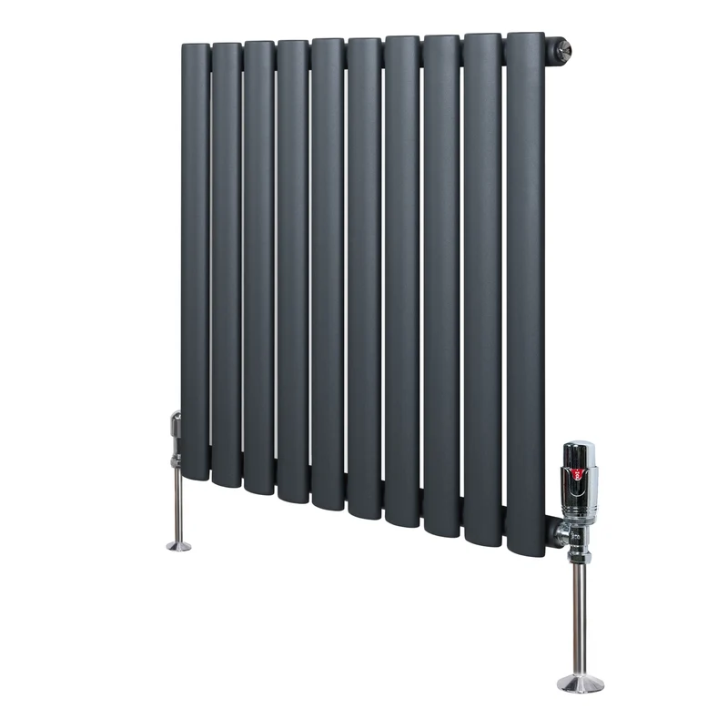 Radiador de Columna Simple Ovalado y Válvulas – 600 mm x 600 mm – Gris Antracita