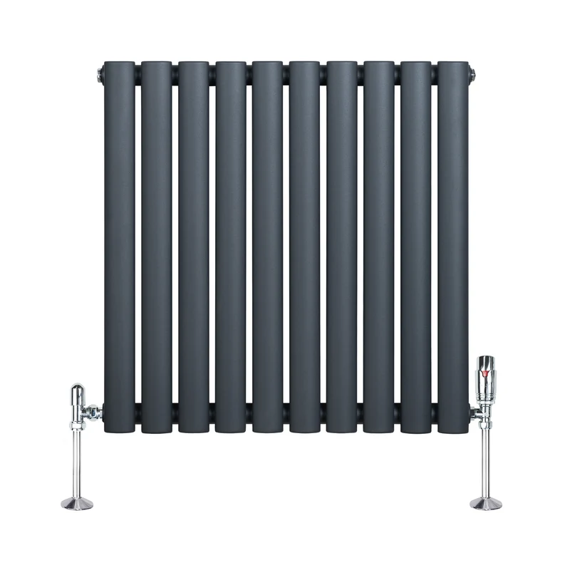 Radiador de Columna Simple Ovalado y Válvulas – 600 mm x 600 mm – Gris Antracita