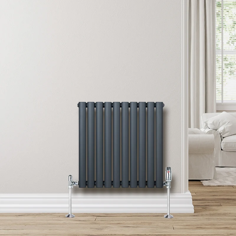 Radiador de Columna Simple Ovalado y Válvulas – 600 mm x 600 mm – Gris Antracita