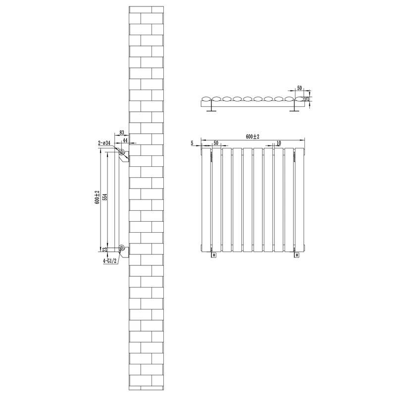 Radiador de Columna Simple Ovalado y Válvulas – 600 mm x 600 mm – Gris Antracita