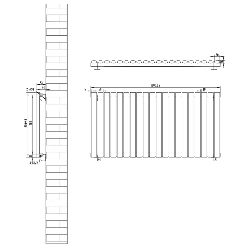 Radiador de Columna Simple Ovalado y Válvulas – 600 mm x 1200 mm – Negro