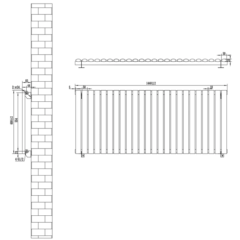 Radiador de Columna Simple Ovalado y Válvulas – 600 mm x 1440 mm – Negro