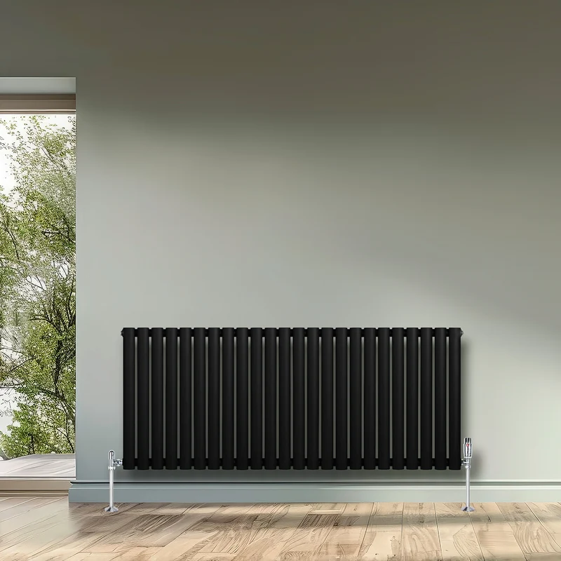 Radiador de Columna Simple Ovalado y Válvulas – 600 mm x 1440 mm – Negro