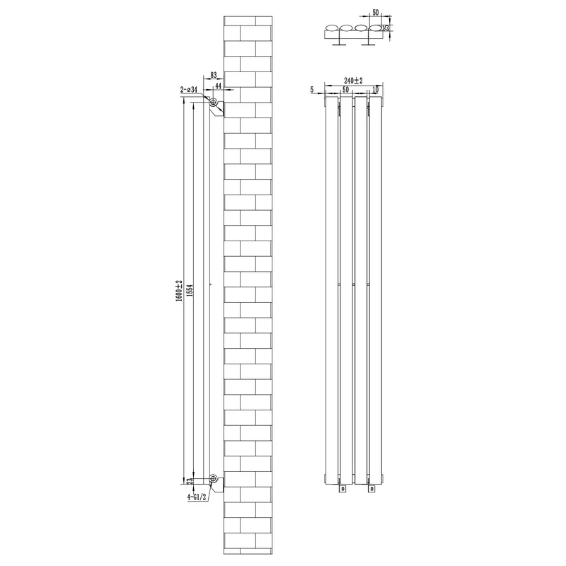 Radiador de Columna Simple Ovalado y Válvulas – 1600 mm x 240 mm – Gris Antracita