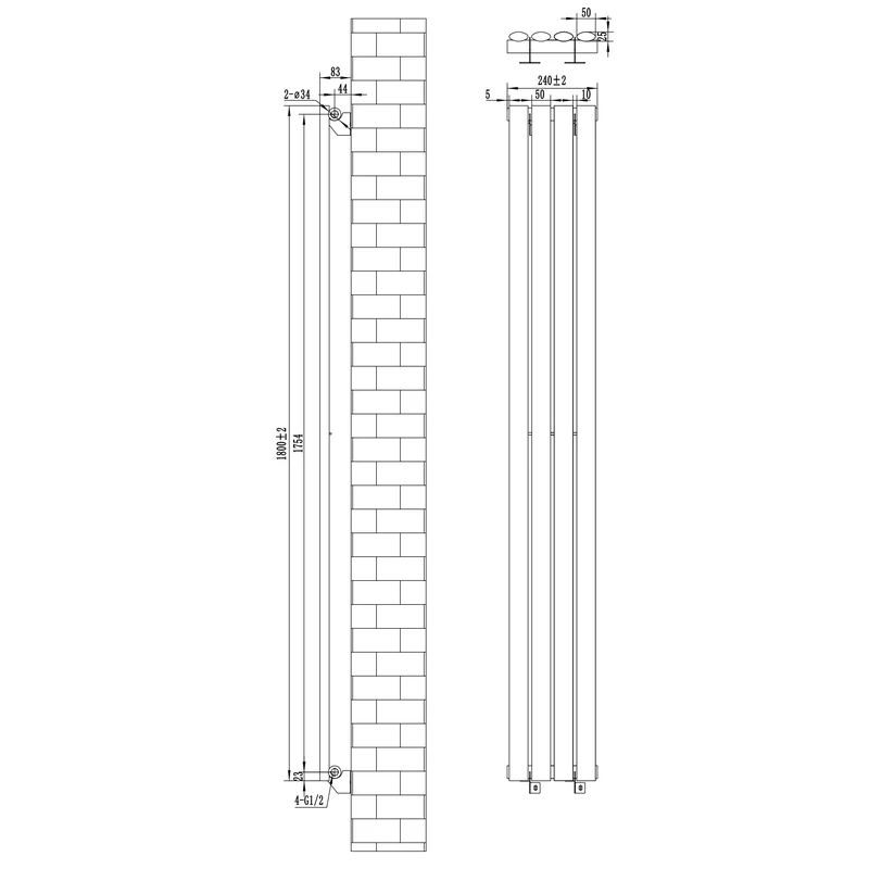 Radiador de Columna Simple Ovalado y Válvulas – 1800 mm x 240 mm – Gris Antracita
