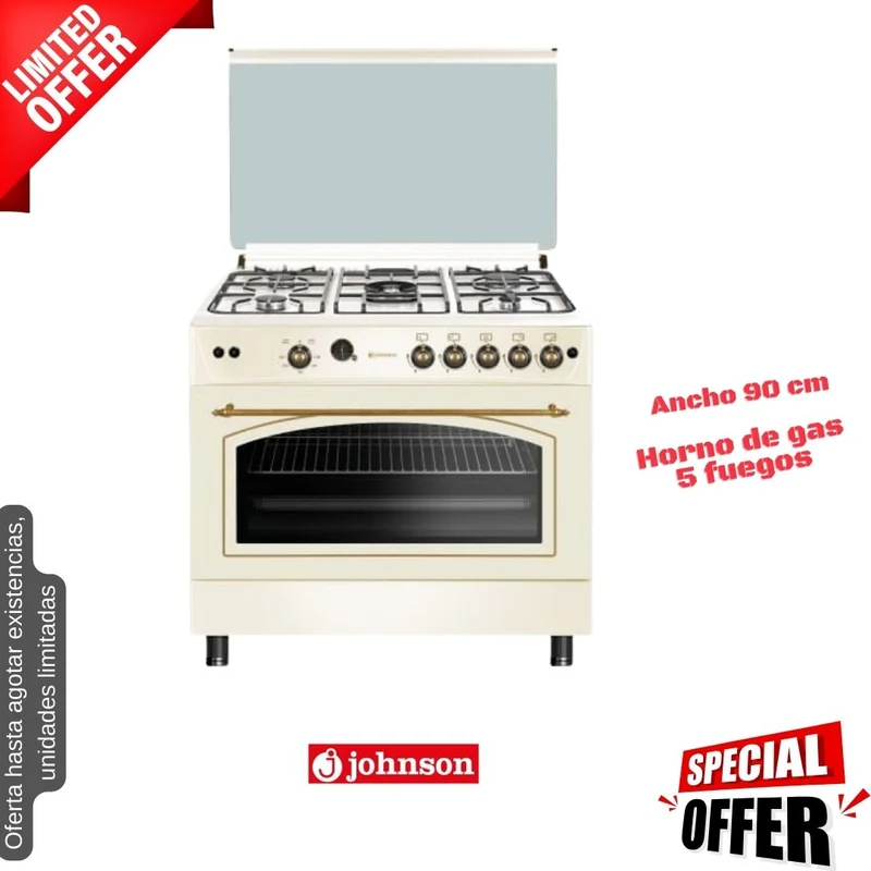 Cocina de gas crema 5 fuegos 90cm rústica Johnson (026122) OFERTA