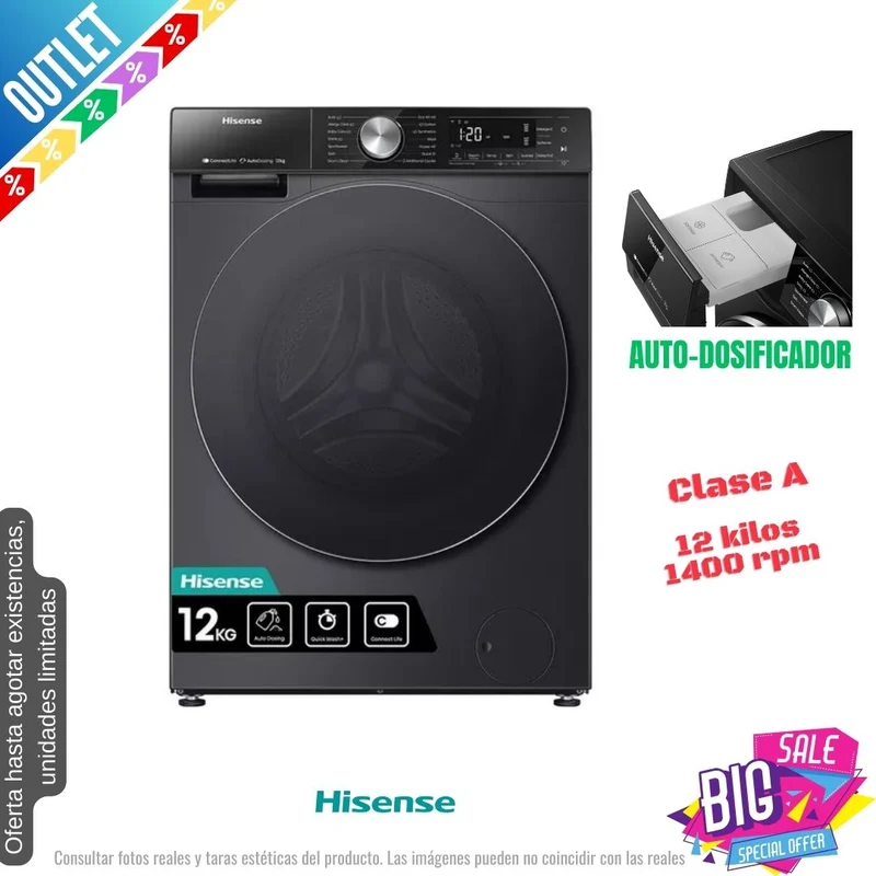 Lavadora Hisense 12kg negra 1400rpm (026313) OUTLET