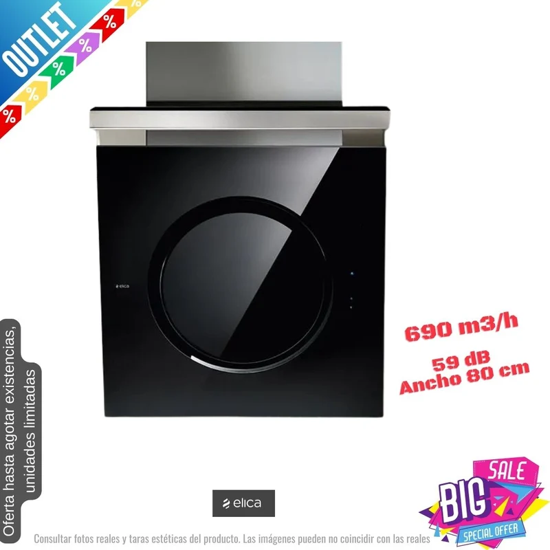 Campana Elica negro cristal 80cm 690m3/h (026245) OUTLET