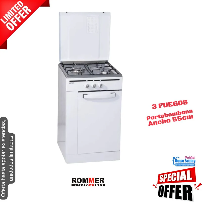 Cocina de gas blanca 3 fuegos 55cm Rommer (026115) OFERTA