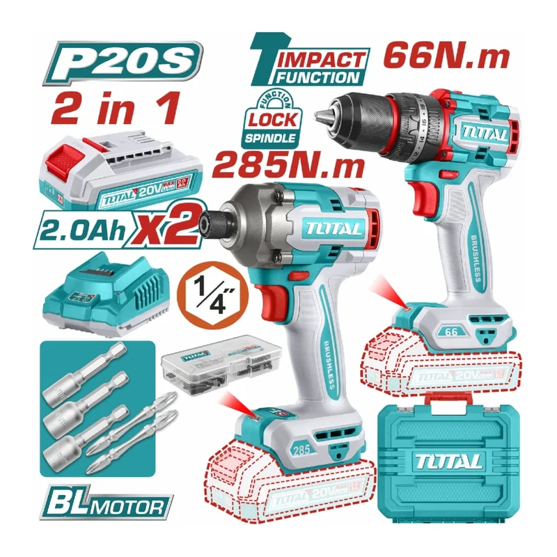 Total Combo Taladro Inalámbrico de Impacto + Destornillador 20V, UTCKLI20277