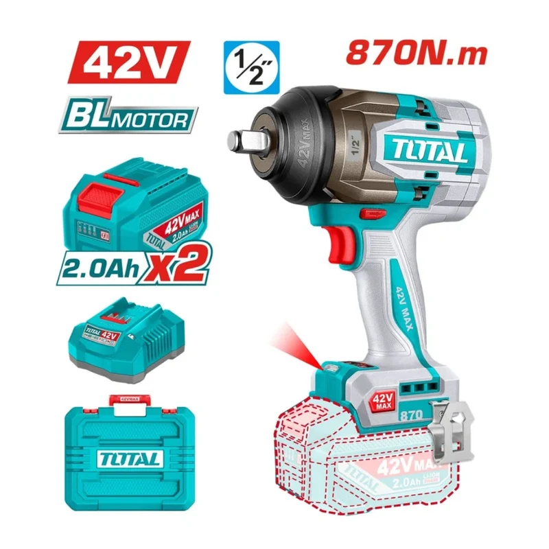 Total Set Pistola de Impacto Inalámbrica 1/2" 42V con Batería, UTIWLI42862