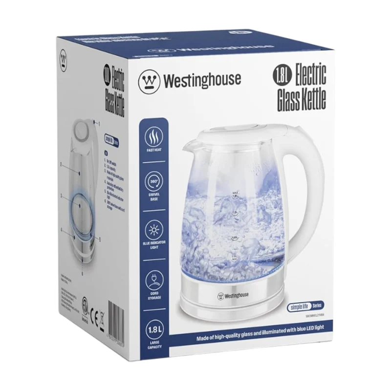 Westinghouse Hervidor Eléctrico de Vidrio Simple Life de 1,8 Litros, WKWKKL21WH