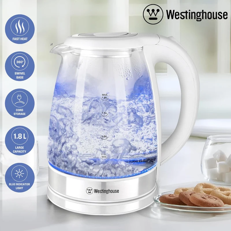 Westinghouse Hervidor Eléctrico de Vidrio Simple Life de 1,8 Litros, WKWKKL21WH