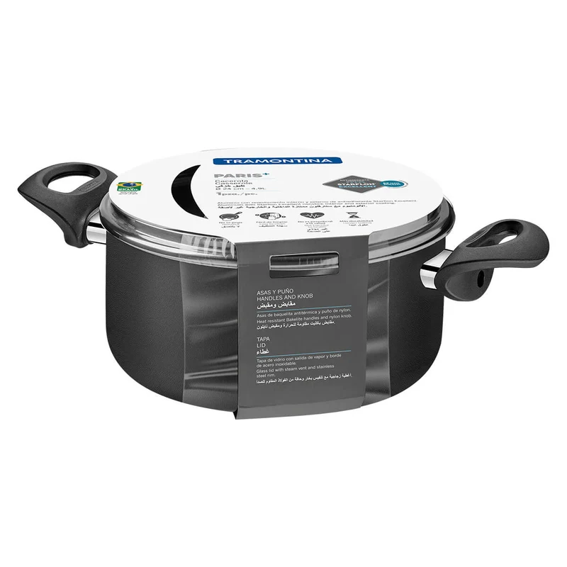 Cacerola paris en aluminio con antiadherente negro 24 cm con tapa Tramontina