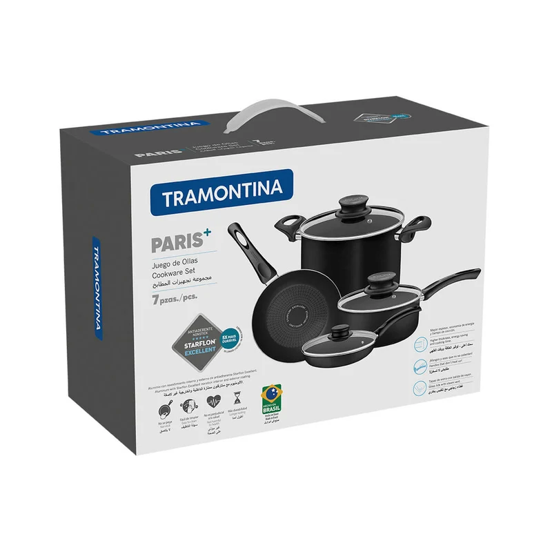 Batería cocina paris en aluminio con antiadherente negro 7 piezas Tramontina