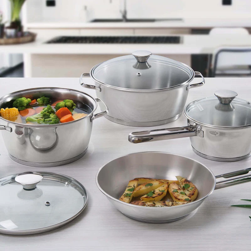 Batería de cocina de acero inoxidable con fondo triple de 4 piezas Tramontina