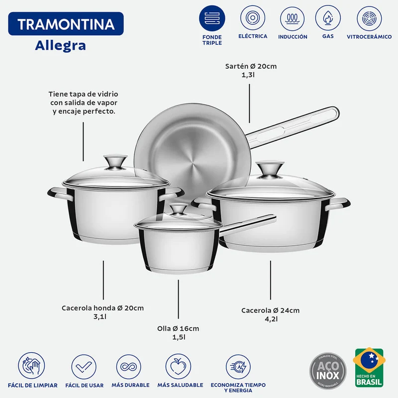 Batería de cocina de acero inoxidable con fondo triple de 4 piezas Tramontina