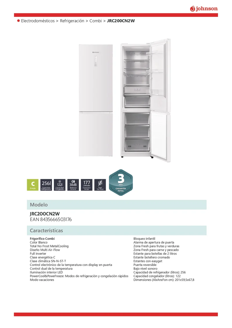 FRIGORIFICO COMBI JOHNSON NO FROST NF 201X59.5X67.8 FULL INVERTER CLASE C BLANCO DISPLAY Ref. JRC200CN2W
