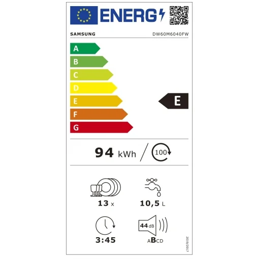 - Lavavajillas de libre instalación, SAMSUNG DW60M6040FW 13cubiertos A++ con Función Higiene [Clase de eficiencia energética D]