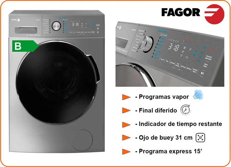 LAVADORA FAGOR 9KG 1400RPM 4FE9614X INOX CLASE B VAPOR