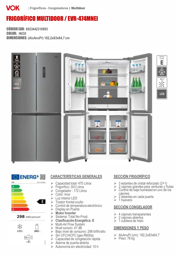 FRIGORIFICO AMERICANO VOK 4 PUERTAS INVERTER EVR-474MNEI INOX.