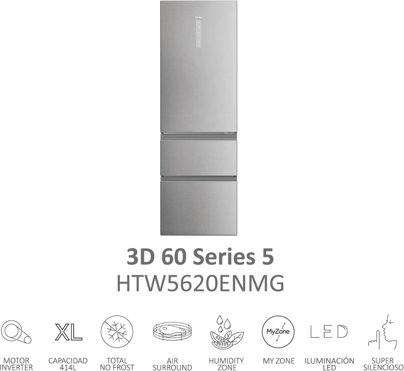 Frigorífico Combi Haier 3P HTW5620ENMG, 205x60cm, NOFROST, E, Inox,