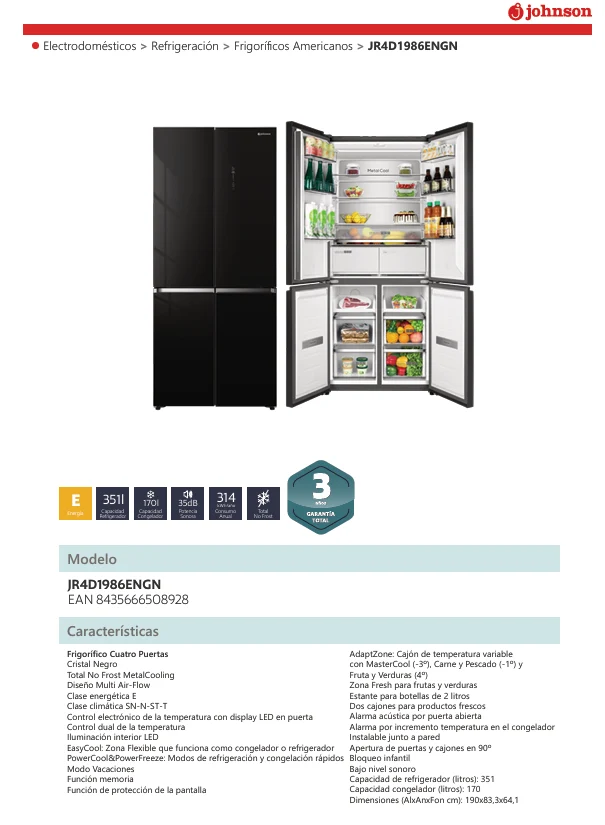 FRIGORIFICO AMERICANO JOHNSON 4P 190x83,3x64,1CM NO FROST CLASE E CRISTAL NEGRO INSTALACIÓN FLEXIBLE