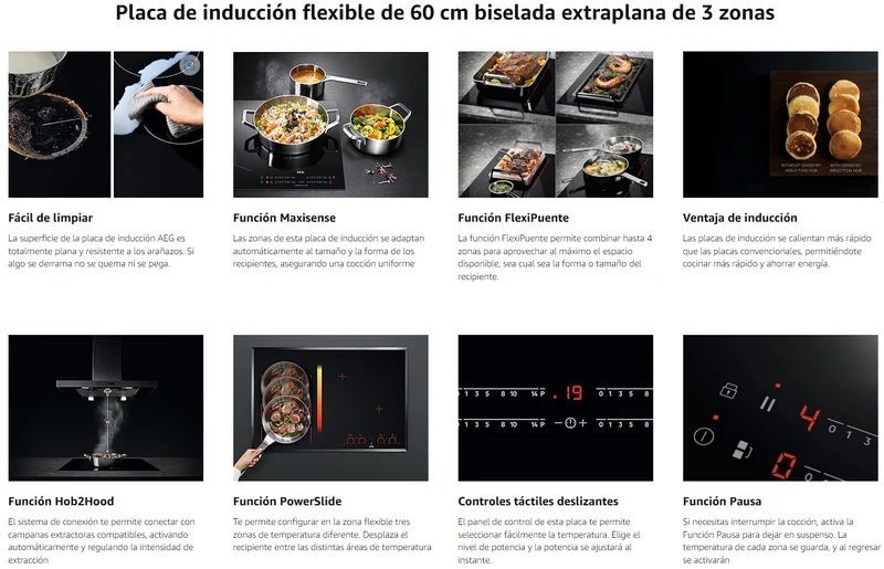 Placa de Inducción Biselada AEG IKE63471FB, 3 Zonas de Cocción, 60 cm, Función FlexiPuente, Calentamiento Rápido, Control Táctil Deslizante, Función de Pausa, Sistema Hob2Hood ¡ÚLTIMA UNIDAD!