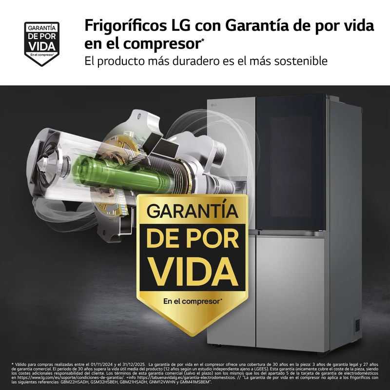 Frigorífico americano - LG InstaView Door-In-Door™ GSXE81PYBD, No Frost, 179 cm, 628 l, DoorCooling+™, Inoxidable antihuellas