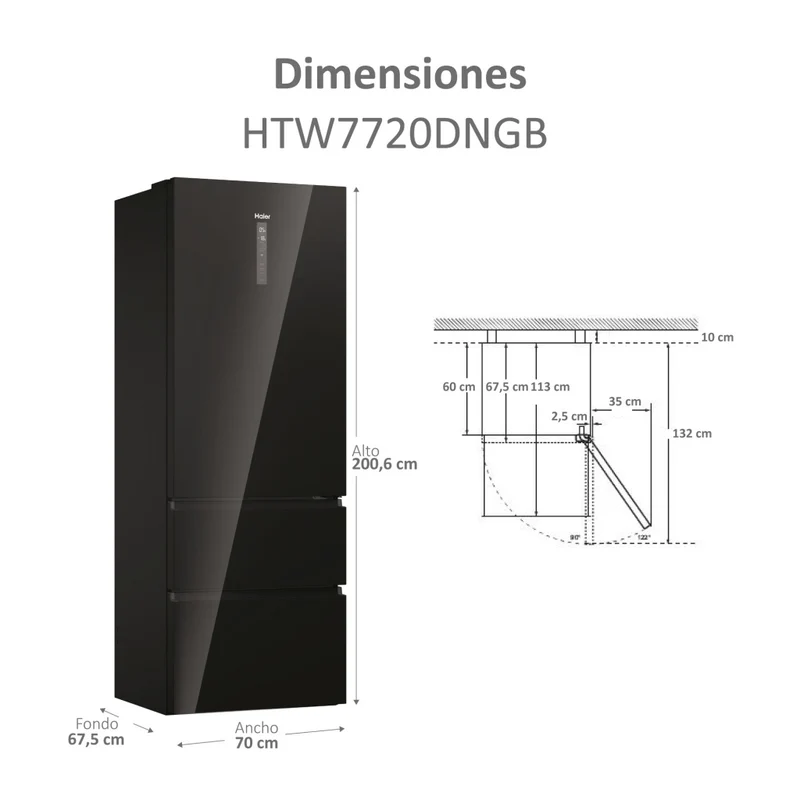 OFERTA FRIGORIFICO COMBI HAIER 3D NOFROST CRISTAL NEGRO 200,6 m x 70 cm HTW7720DNGB