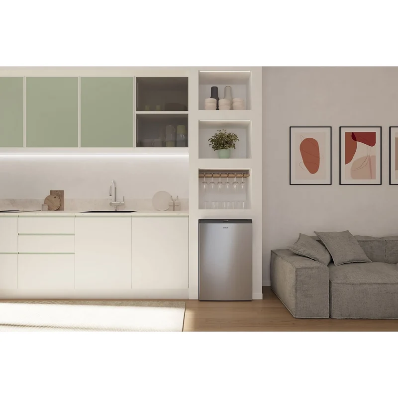 Frigorifico 1 puerta con congelador Nevera pequeña Candy CNOQ2S58EX City Fresco 300, Static Low frost, 85 cm, 129 l, Con congelador, Puerta reversible, Inox