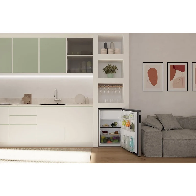 Frigorifico 1 puerta con congelador Nevera pequeña Candy CNOQ2S58EX City Fresco 300, Static Low frost, 85 cm, 129 l, Con congelador, Puerta reversible, Inox