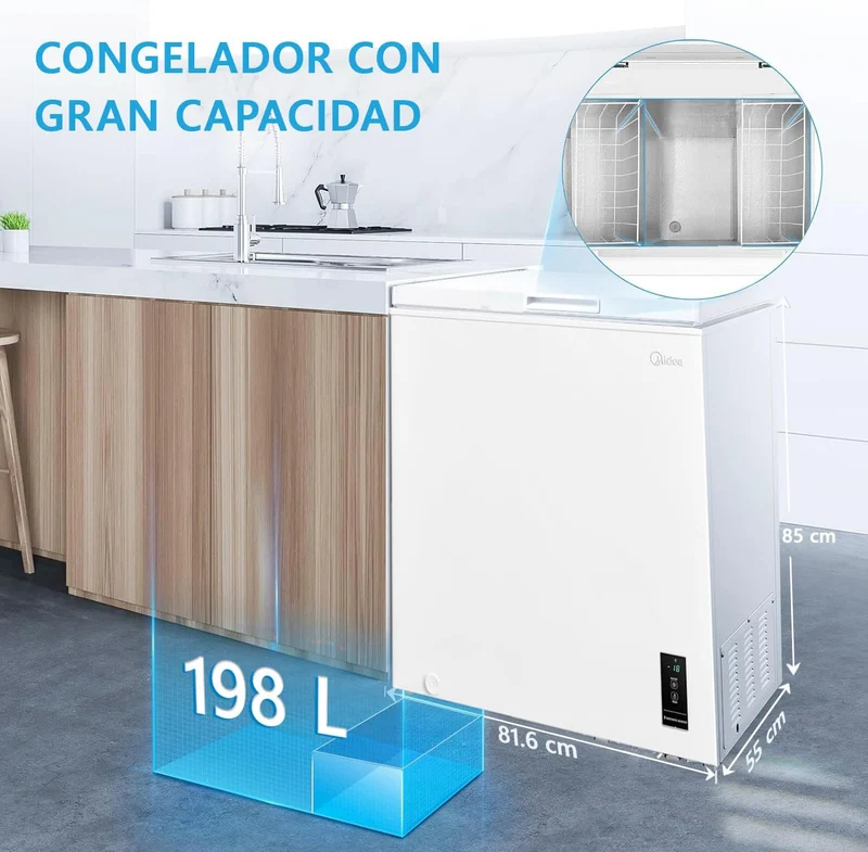MIDEA Arcon Congelador Pequeño Horizontal de 198L, Motor Inverter, Silencioso 39dBA, Bajo Consumo, Blanco [Clase de eficiencia energética E]