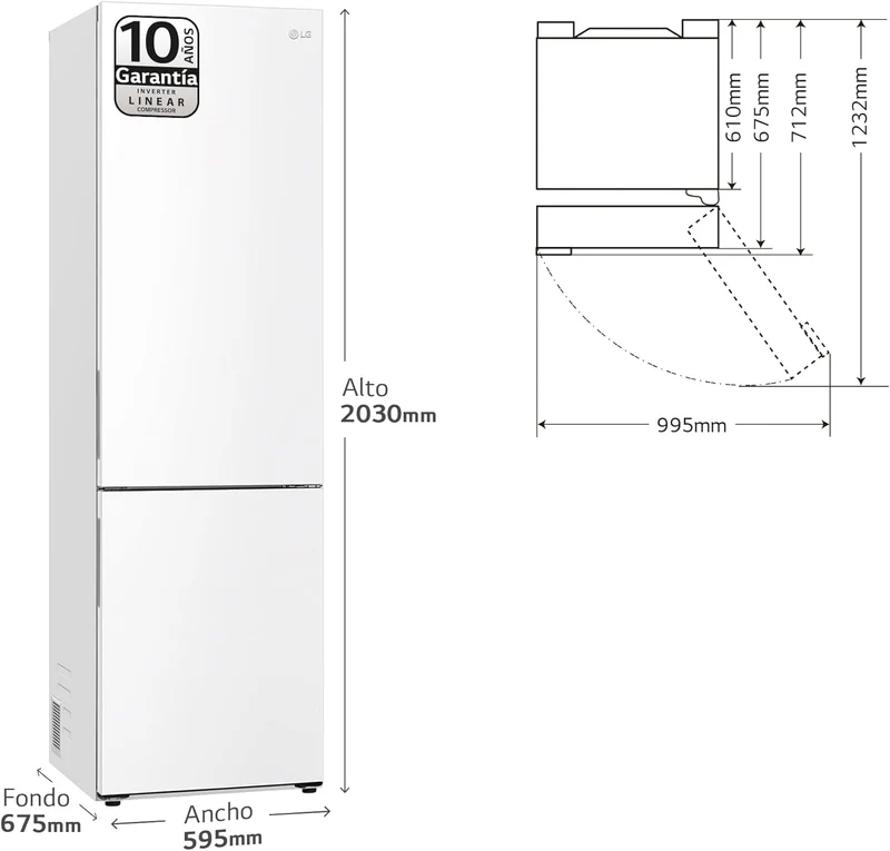 FRIFORIFICO COMBI LG GBP62SWNAC , Blanco, 203 cm, No Frost, CLASE ENERGÉTICA A