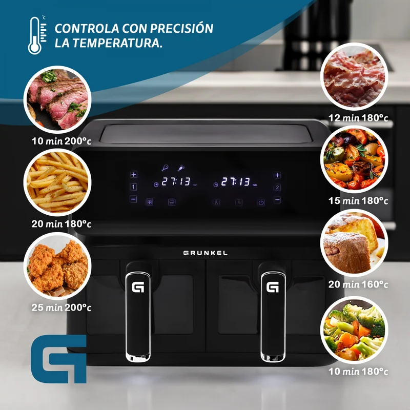 Grunkel - Freidora aire - Air Fryer - 8 programas y 2700W potencia DUAL TASTY FRYER. (2x4L, Doble)