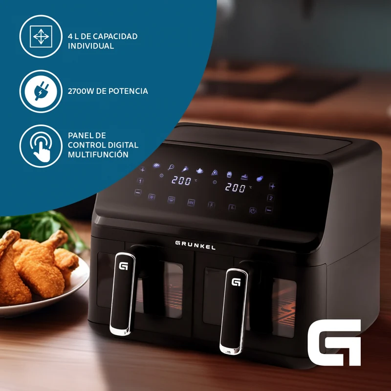 Grunkel - Freidora aire - Air Fryer - 8 programas y 2700W potencia DUAL TASTY FRYER. (2x4L, Doble)