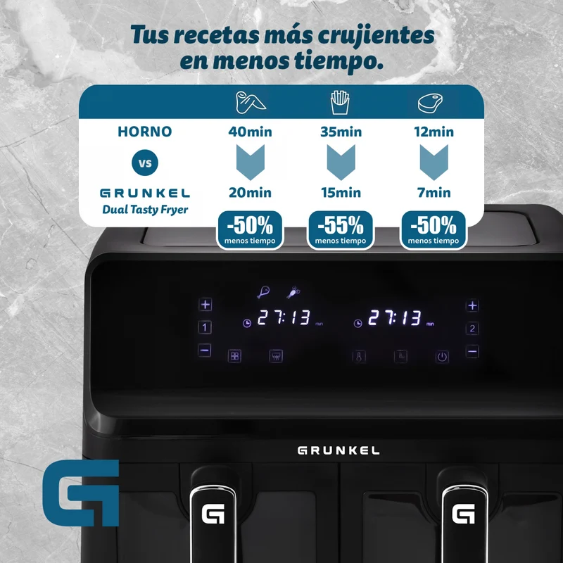 Grunkel - Freidora aire - Air Fryer - 8 programas y 2700W potencia DUAL TASTY FRYER. (2x4L, Doble)